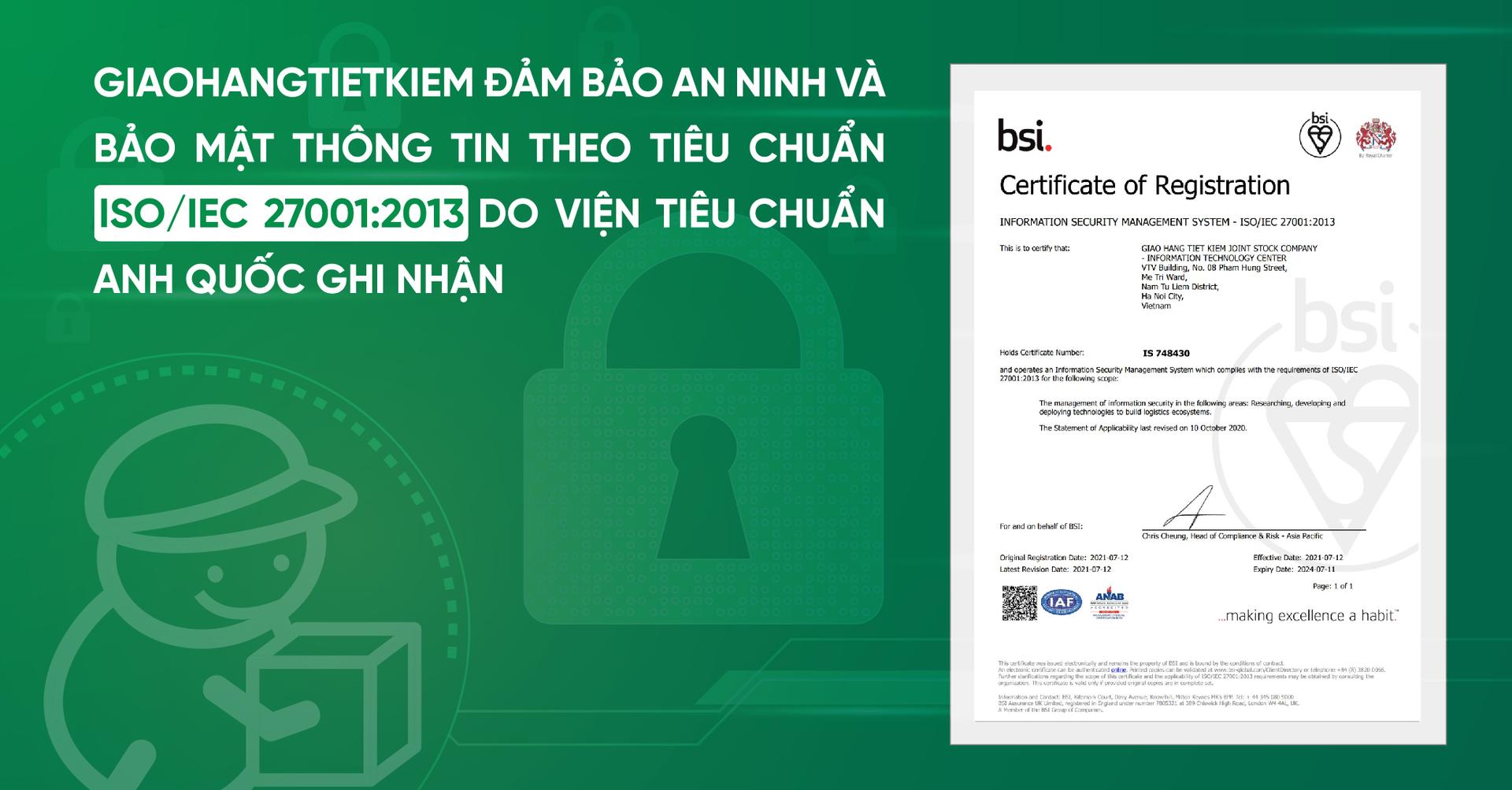 GHTK đảm bảo an ninh và bảo mật thông tin theo tiêu chuẩn ISO/IEC 27001:2013 do Viện tiêu chuẩn Anh Quốc ghi nhận