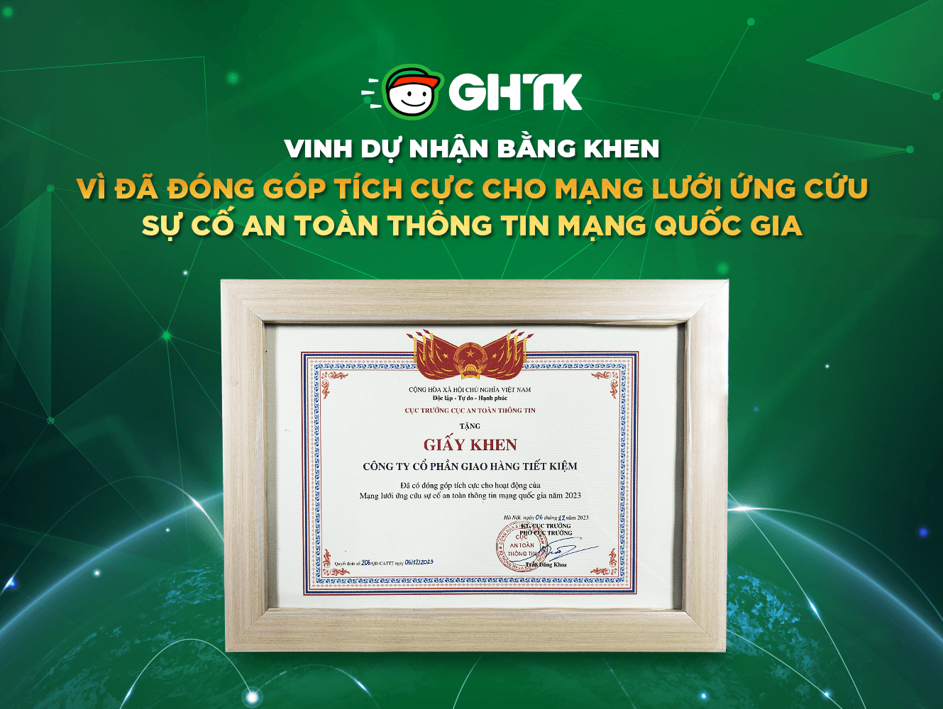 GHTK vinh dự nhận bằng khen vì đã đóng góp tích cực cho mạng lưới ứng cứu sự cố an toàn thông tin mạng Quốc gia